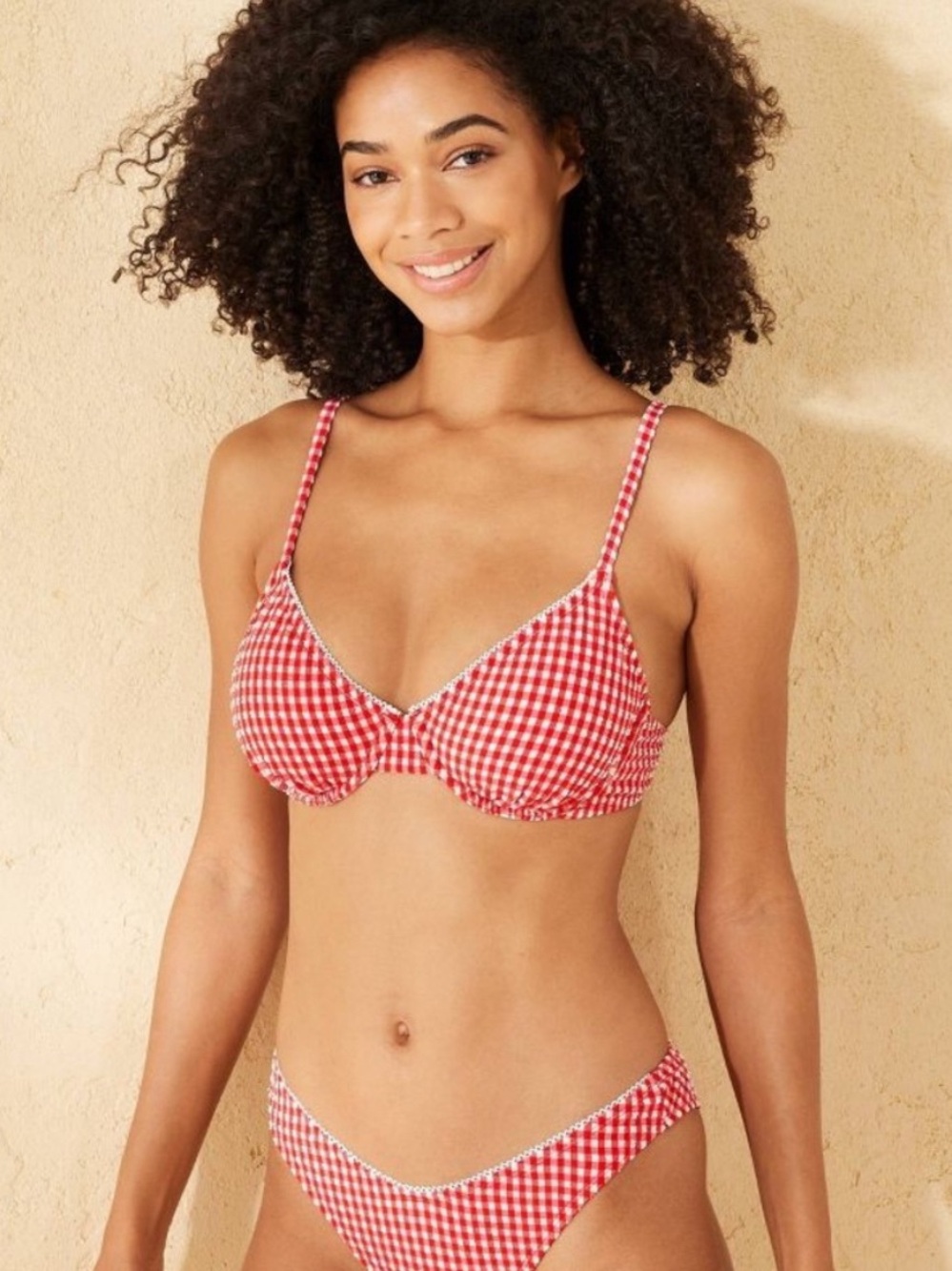 Wild Fable Women's Textured Underwire Bikini Top Red/ White Gingham Print Size M